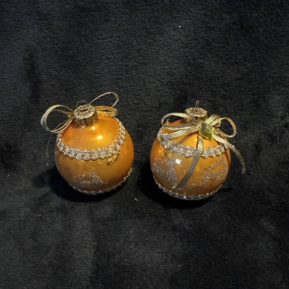 2 Vintage 50s Shiny Brite Gold Glitter Reindeer Ribbon Christmas Ornaments